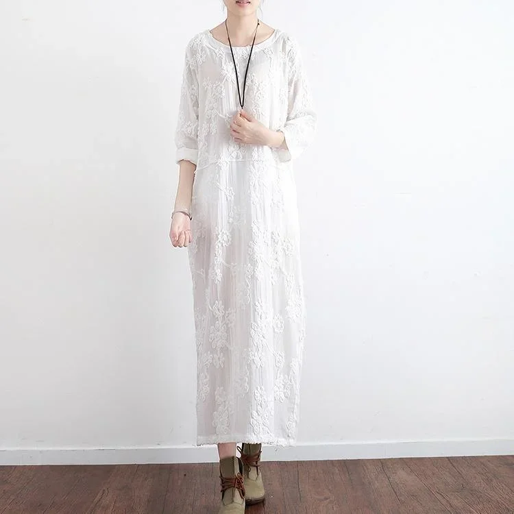 new white embroidery cotton dresses plus size loose sundress vintage long sleeve maxi dress