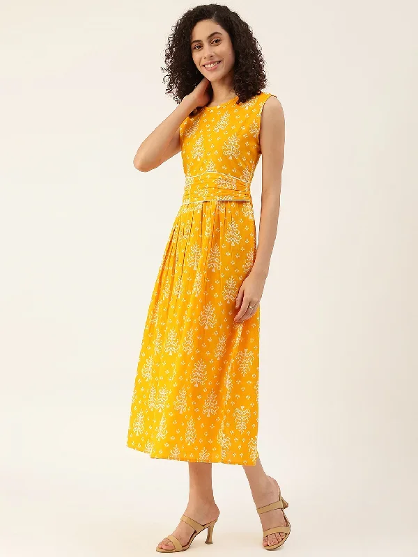 Orange Cotton  Ethnic Motifs A-Line Midi Dress