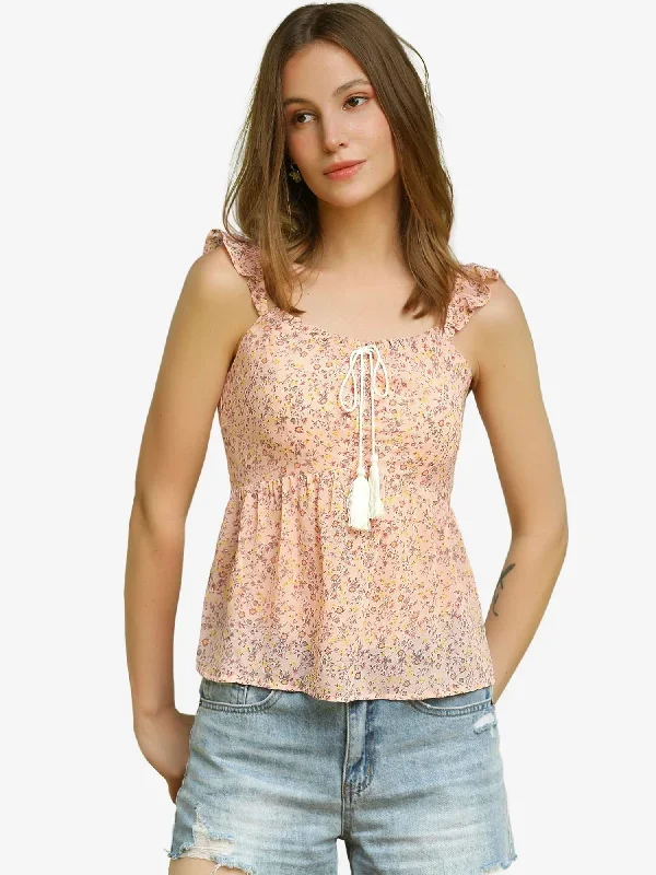 Smocked Back Ruffle Strap Cami Floral Blouse Sleeveless Top