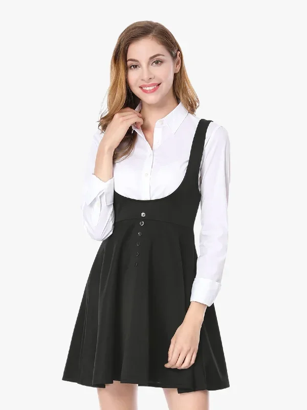 Button Decor Overalls Pinafore Dress Suspenders Skirt