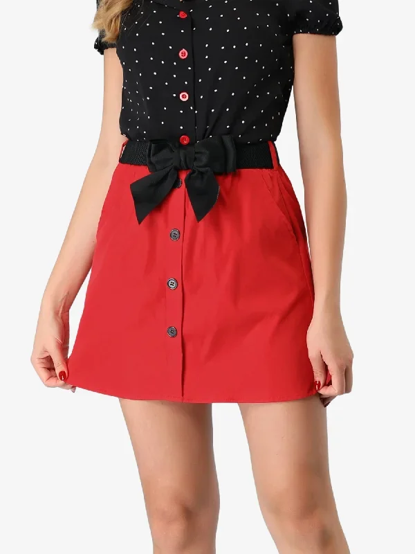 Summer Button Decor Vintage High Waist Bow Tie Mini Skirt