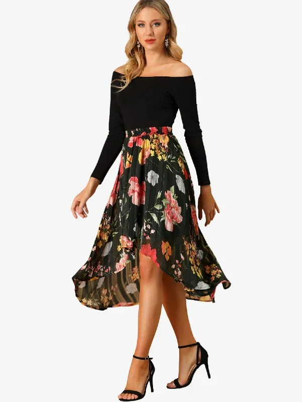 High Low Hem Elastic Waist Lurex Chiffon A-Line Midi Floral Skirt