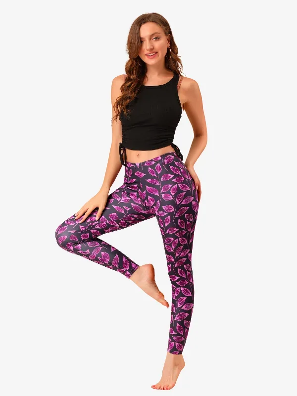 Workout Gym Elastic Waist Leaves Print Leggings