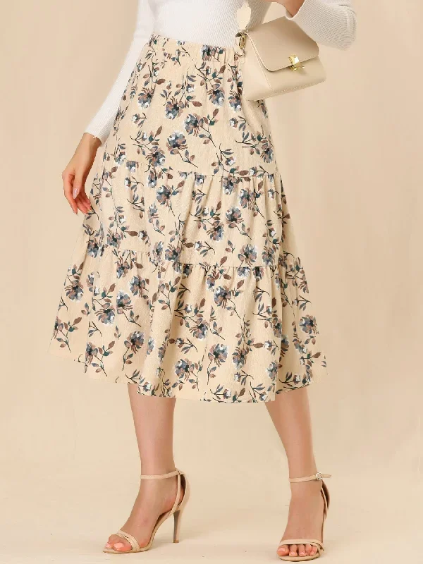 Corduroy Elastic Waist A-Line Pockets Tiered Floral Midi Skirt