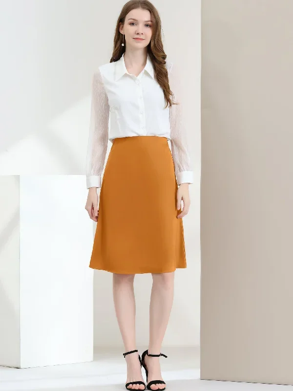 High Wasit Work Office Flared Satin Midi Skirt