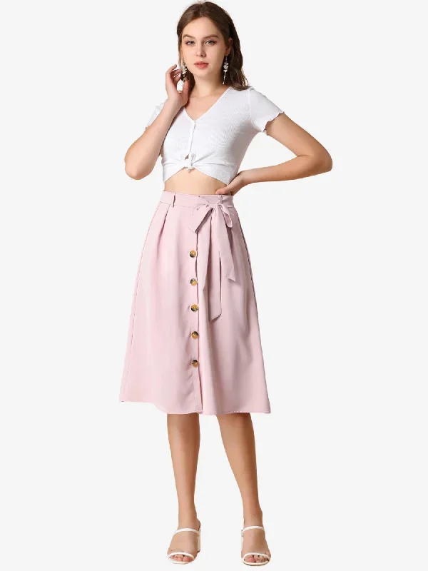 Button Front Casual High Waist Belted Midi Flare Skirt