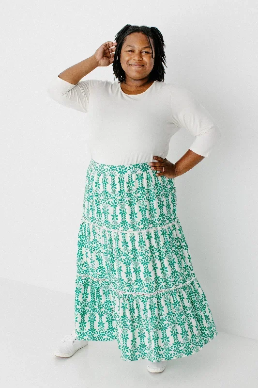 Plus 'Giselle' Kelly Green Floral Print Skirt in Ivory FINAL SALE