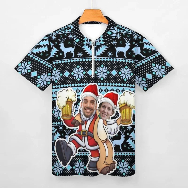 plus-size-custom-couple-face-santa-elk-mens-short-sleeve-polo-shirt-with-zipper-all-over-print-polo-shirt