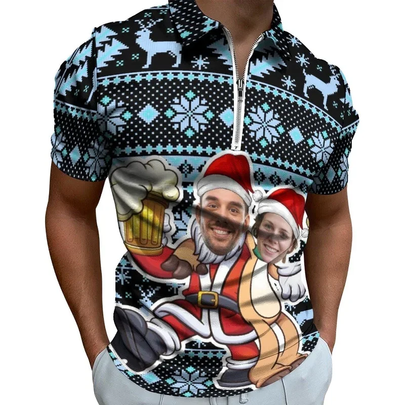 plus-size-custom-couple-face-santa-elk-mens-short-sleeve-polo-shirt-with-zipper-all-over-print-polo-shirt