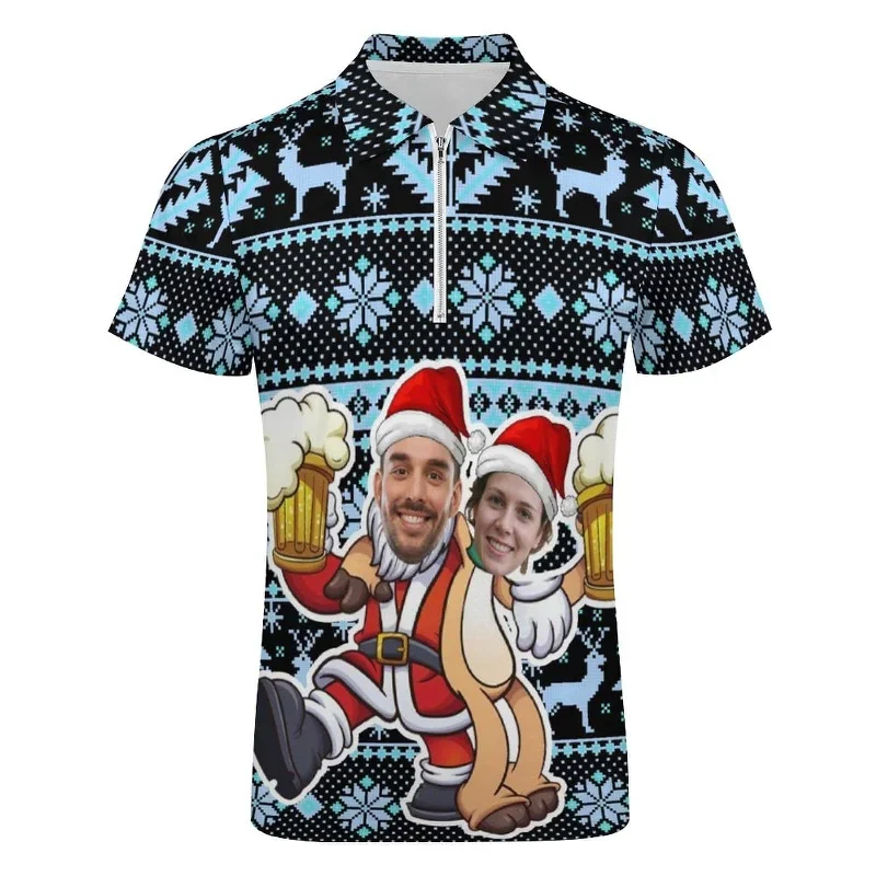 plus-size-custom-couple-face-santa-elk-mens-short-sleeve-polo-shirt-with-zipper-all-over-print-polo-shirt