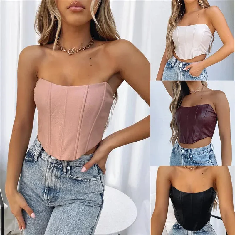 FashionSierra - 2024 PU Leather Tube Bustiers Corsets Strapless Off Shoulder Tank Vest Bodycon Slim Push Up Outwear Crop Tops