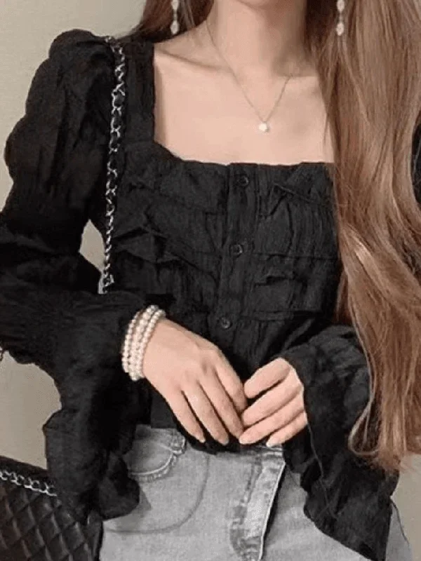 Ruffle Buttoned Cropped Long Sleeve Blouse