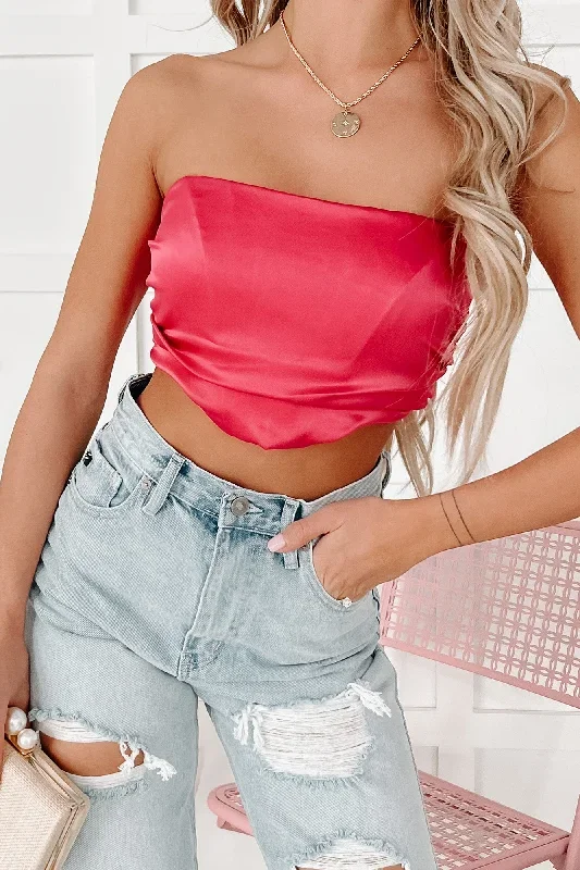 Scorching Good Looks Strapless Satin Crop Top (Fuchsia)