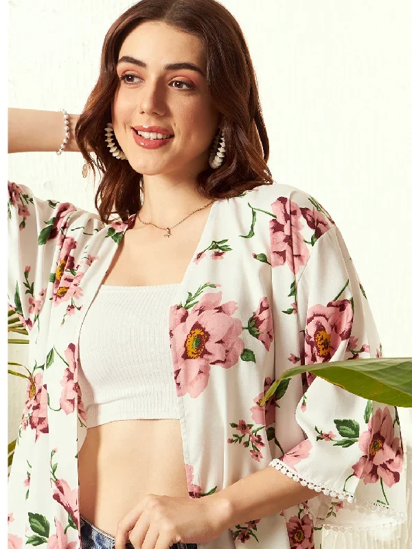 sg1718wh-berrylush-women-white-pink-floral-printed-open-front-three-quarter-sleeve-straight-hem-longline-shrug