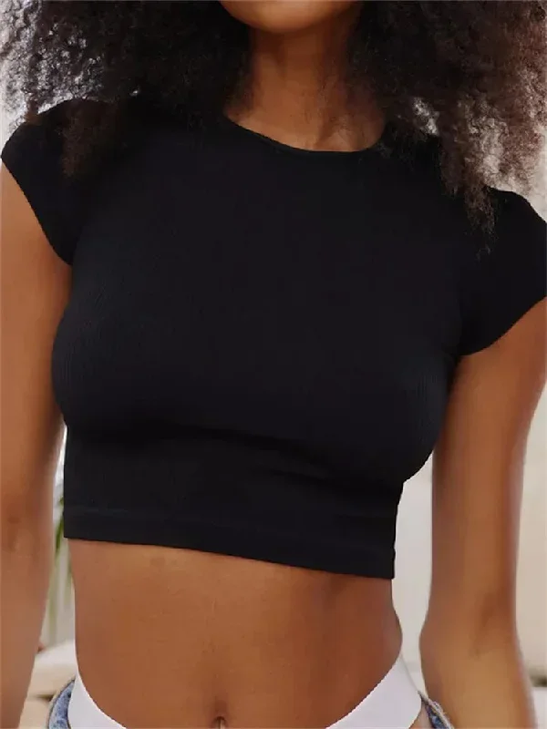 short-sleeve-ribbed-causal-solid-o-neck-slim-fit-summer-exposed-navel-new-tee