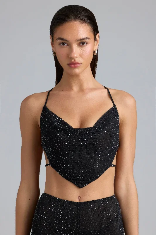 Embellished Cowl-Neck Crop Top in Black