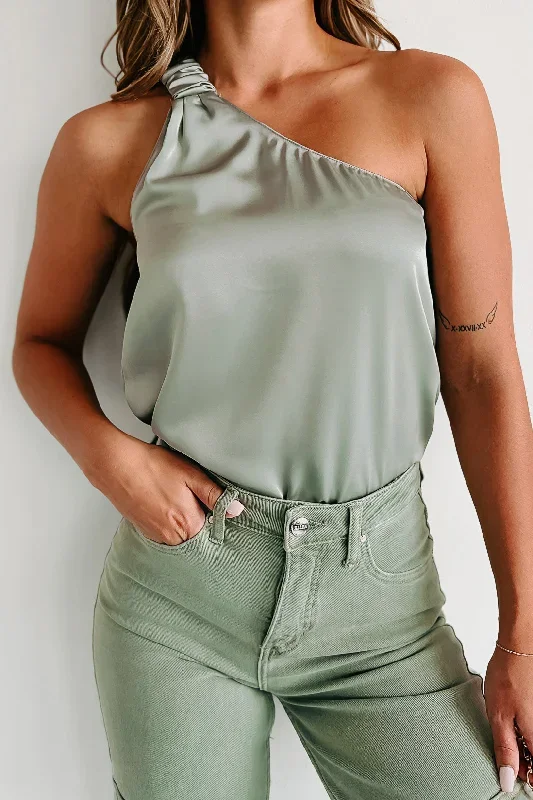 Slink Away One Shoulder Satin Top (Sage)