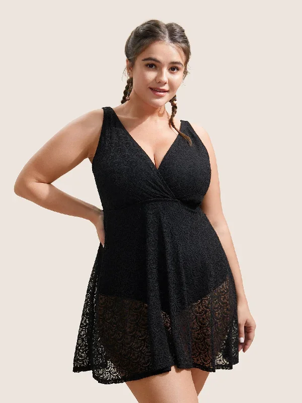 Solid Crochet Lace Mesh Adjustable Straps Swim Dress