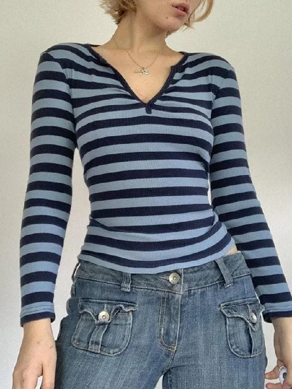 Striped V Neck Long Sleeve Tee