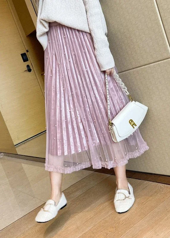 style-pink-wrinkled-patchwork-wear-on-both-sides-velour-tulle-skirt-spring