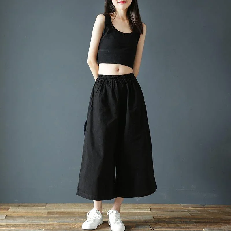 Summer cotton and linen pants women's loose vintage seven-point wide-leg pants