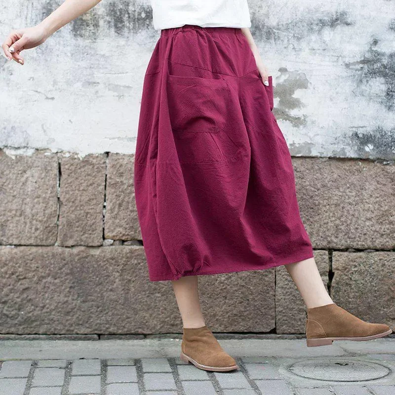 Summer women linen Solid Pockets Linen Calf-length A-line Skirt