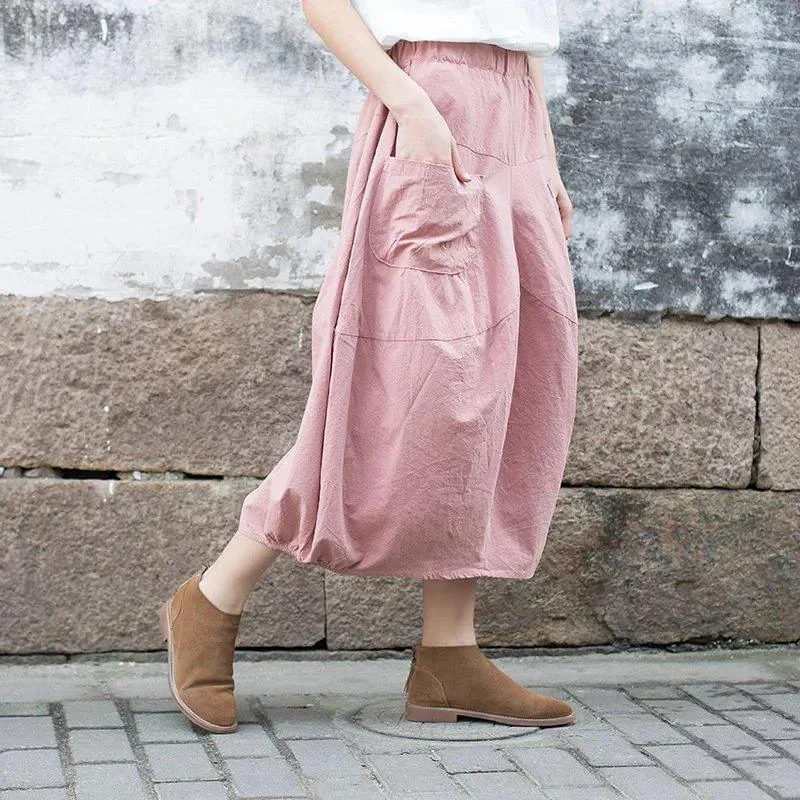 summer-women-linen-solid-pockets-linen-calf-length-a-line-skirt