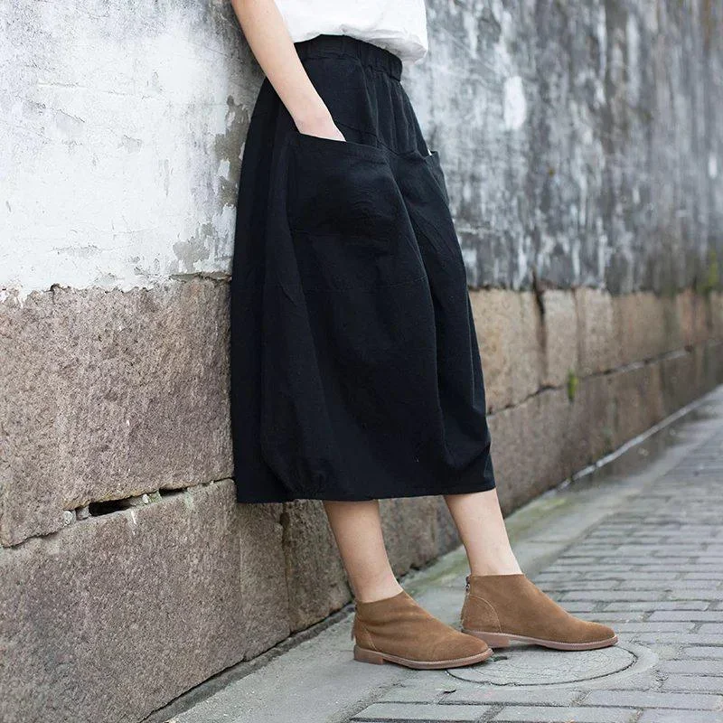 summer-women-linen-solid-pockets-linen-calf-length-a-line-skirt