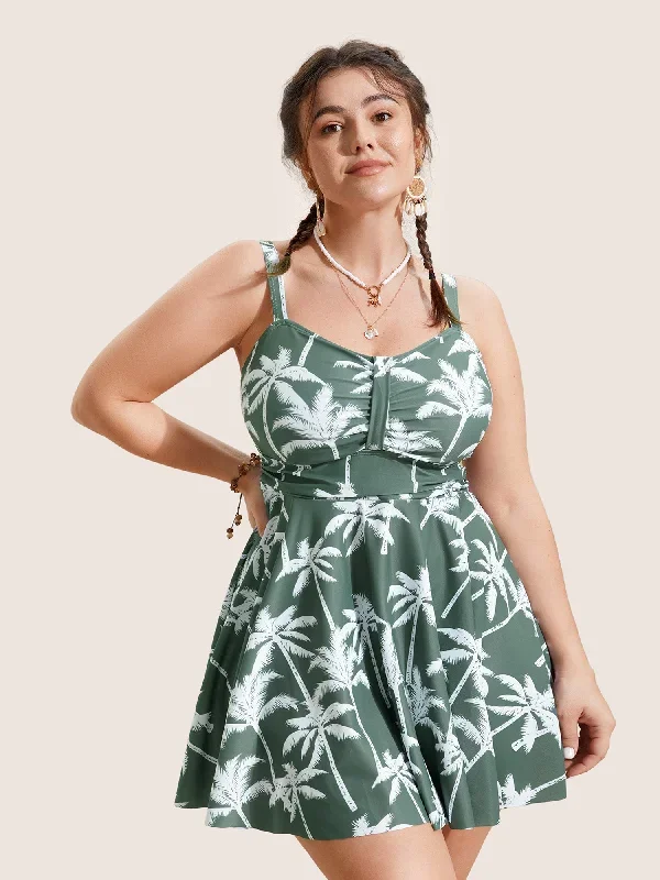 Tropical Coconut Tree Ruched Swim Dress