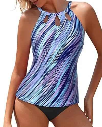 Keyhole Backless Tankini Bathing Suit High Waisted Swim Shorts For Women-Blue And Black Stripe