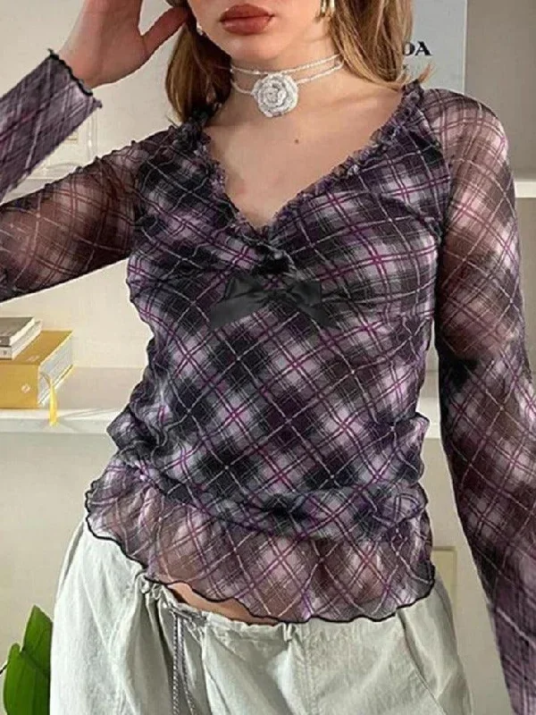 V Neck Plaid Mesh Bow Decor Long Sleeve Tee