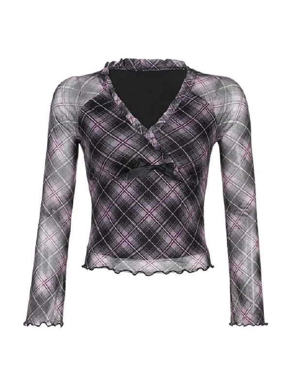 v-neck-plaid-mesh-bow-decor-long-sleeve-tee