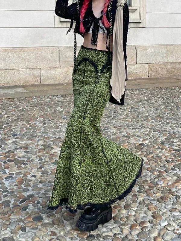 vintage-graphic-printed-green-trumpet-skirt