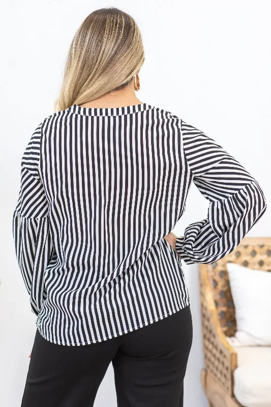 white-and-black-striped-v-neck-woven-top