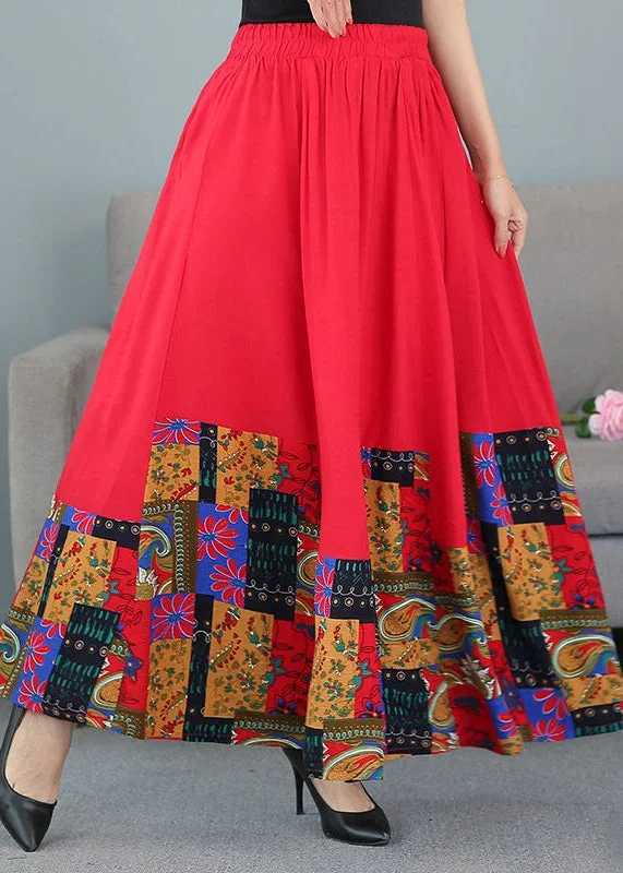 women-black-print-elastic-waist-patchwork-cotton-skirts-fall