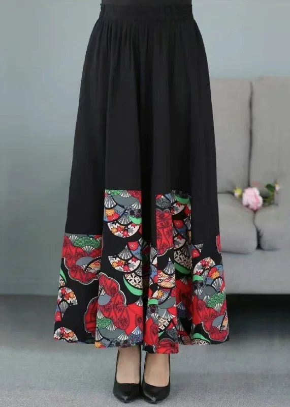 women-black-print-elastic-waist-patchwork-cotton-skirts-fall