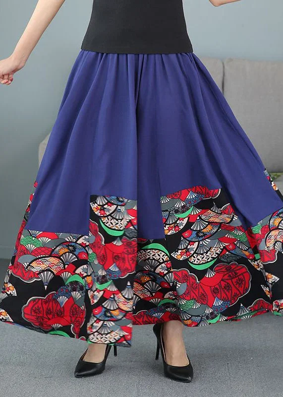 women-black-print-elastic-waist-patchwork-cotton-skirts-fall