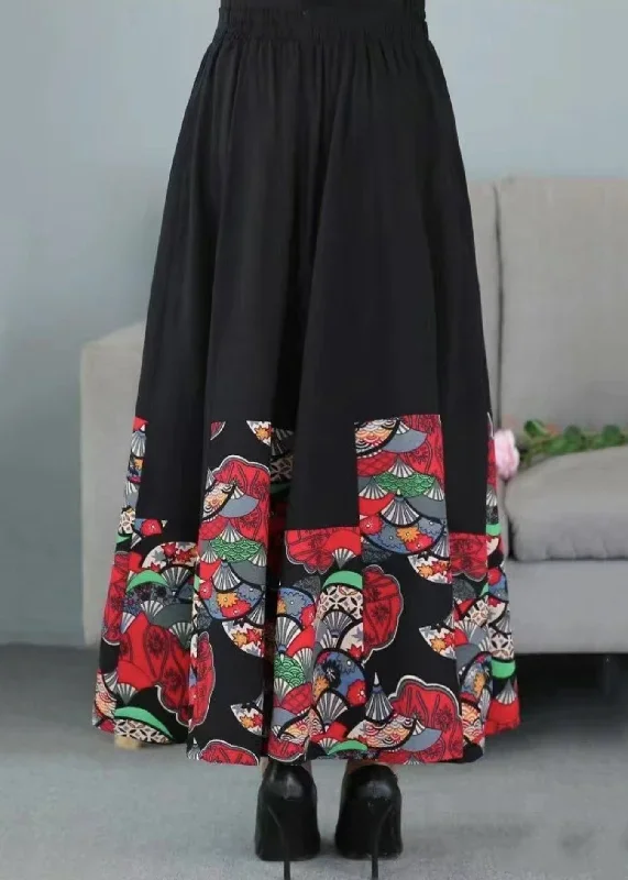 women-black-print-elastic-waist-patchwork-cotton-skirts-fall