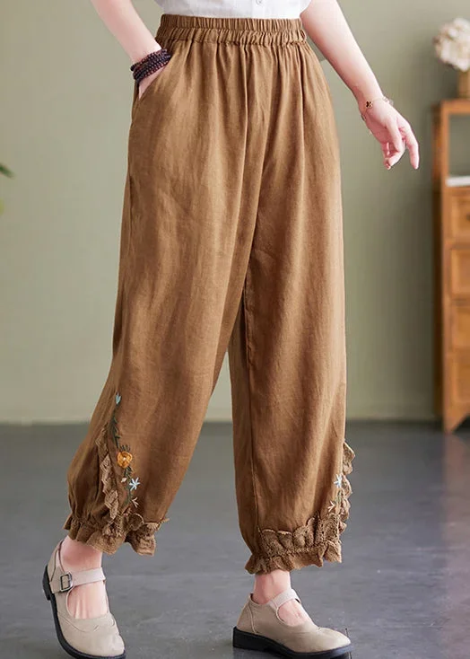 Women Coffee Embroideried Elastic Waist Linen Crop Pants Summer