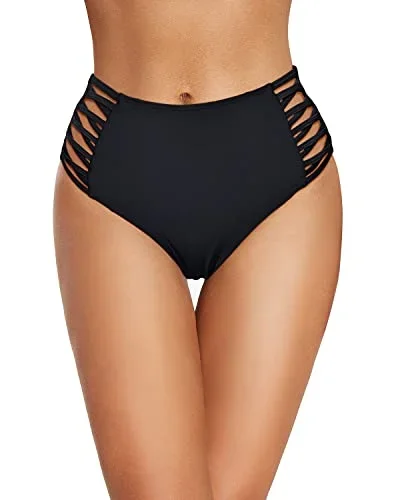 Retro High Waisted Bikini Bottoms Full Coverage Swimsuit Bottom-Black