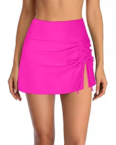 Built In Brief High Waisted Swim Skirt Swimsuits For Women-Neon Pink