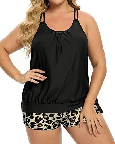 Blouson Tummy Control Plus Size Two Piece Tankini Bathing Suits For Women-Black And Leopard