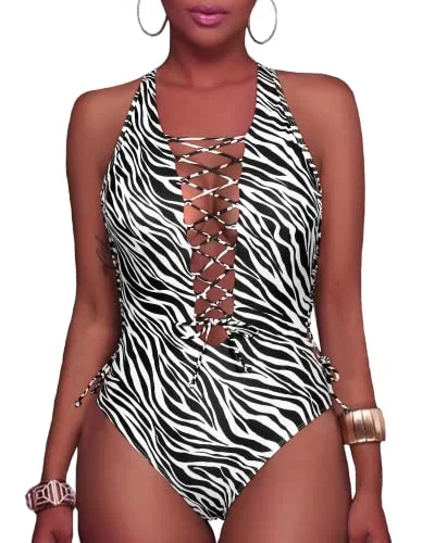 Adjustable Straps Removable Cups Plunge V Neck Swimwear-Zebra Pattern