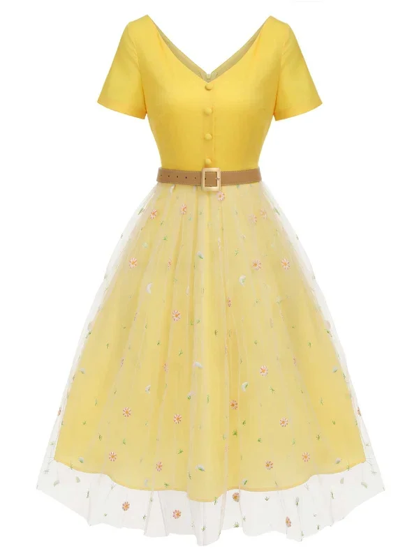 yellow-1950s-v-neck-daisy-mesh-dress