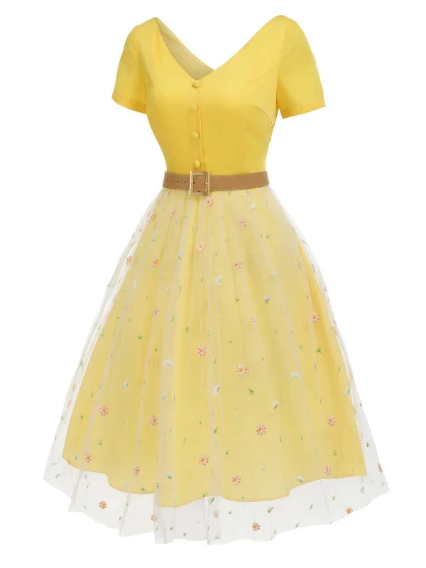 yellow-1950s-v-neck-daisy-mesh-dress