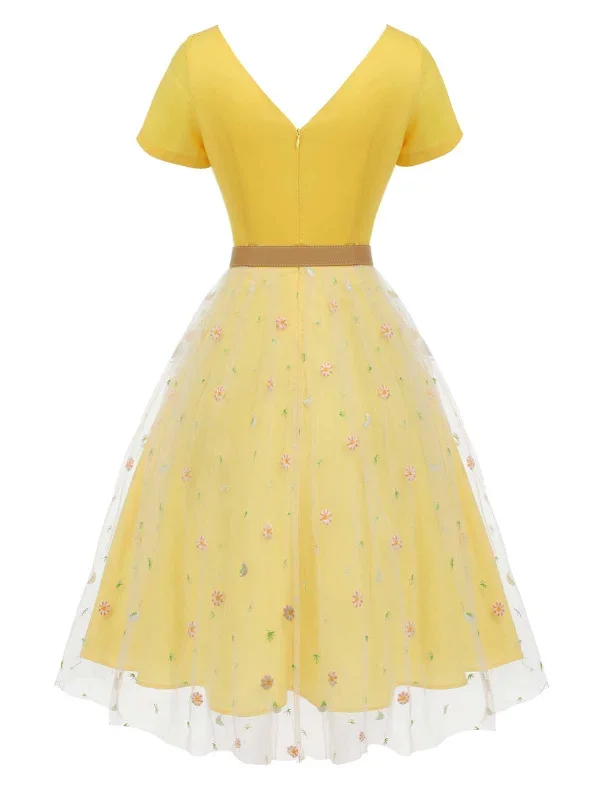 yellow-1950s-v-neck-daisy-mesh-dress